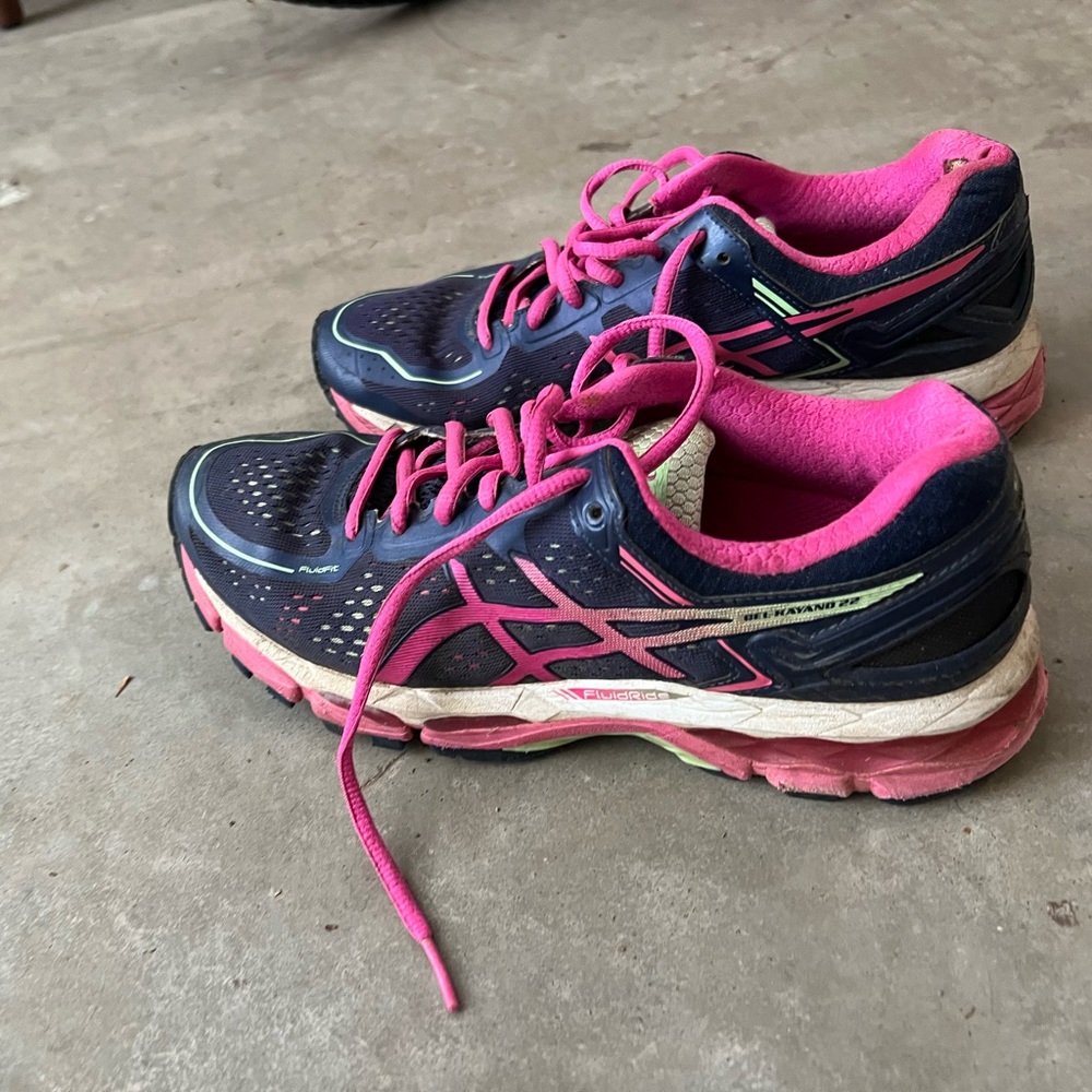 Pink and blue ASICS girl’s sneakers, used